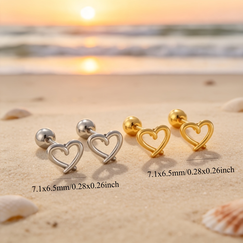 Women's Hollow-Out Heart Screw Ear Studs, Two-Tone Design